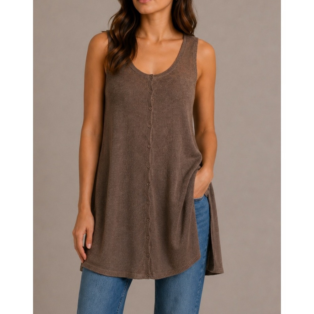 Eileen Fisher 100% Linen Knit Sleeveless Cardigan Vest Brown Large RN78121